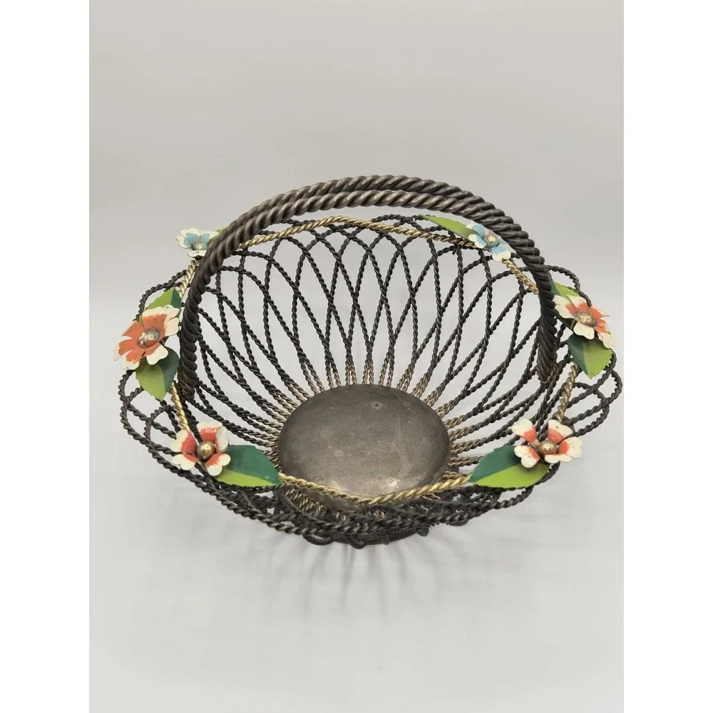 Vintage Silver Plate Wirework Basket Floral Painted Flowers Twisted Handle Japan